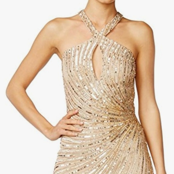 Adrianna Papell flutter dress halter keyhole gold size 4 - Picture 3 of 8